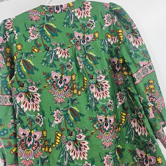 Boden Alicia Peasant Blouse Green Floral Paisley Linen Blend Puff Sleeve Size 2 - Picture 8 of 10